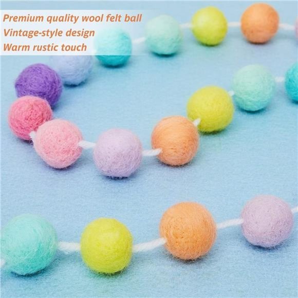 Wool Felt Ball Garland Colorful Pom Pom Garland 6.5 Feet Long 24 Ball Garland - Picture 2 of 6